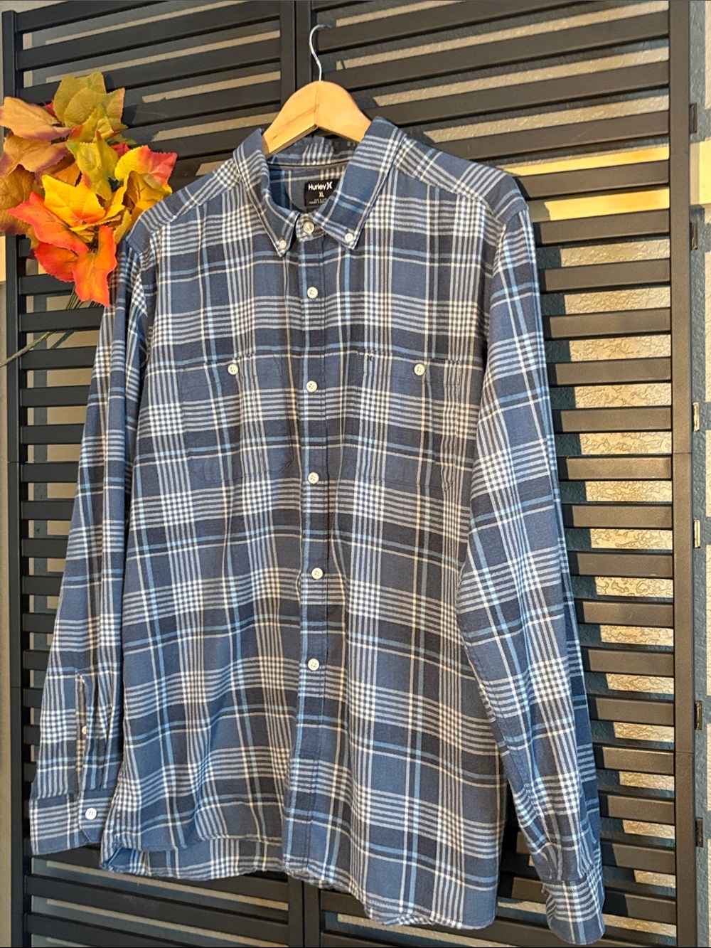 Hurley Blue and White Plaid Flannel Button-Down Shirt